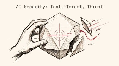 The Tool, Target, Threat AI-security taxonomy: one faceted AI core seen three ways — gripped as a tool, marked by a crosshair as a target, and shearing apart as an autonomous threat.