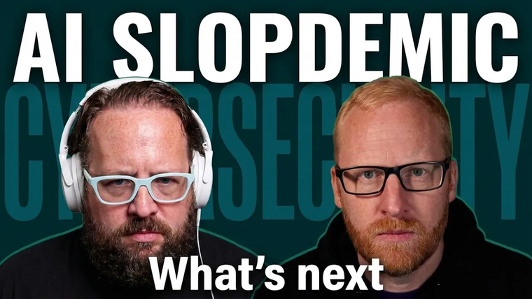 Zero Sum Podcast episode art: Casey Ellis and Aaron Mog, captioned AI SLOPDEMIC, What's next