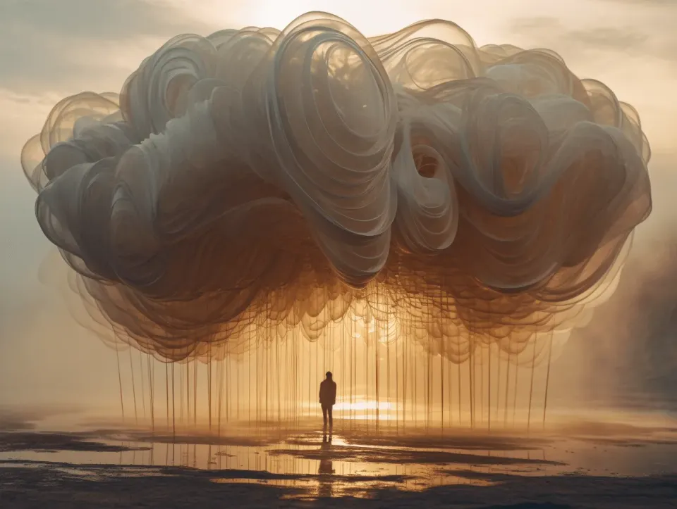 A mesmerizing image of a mystical cloud hanging above a person