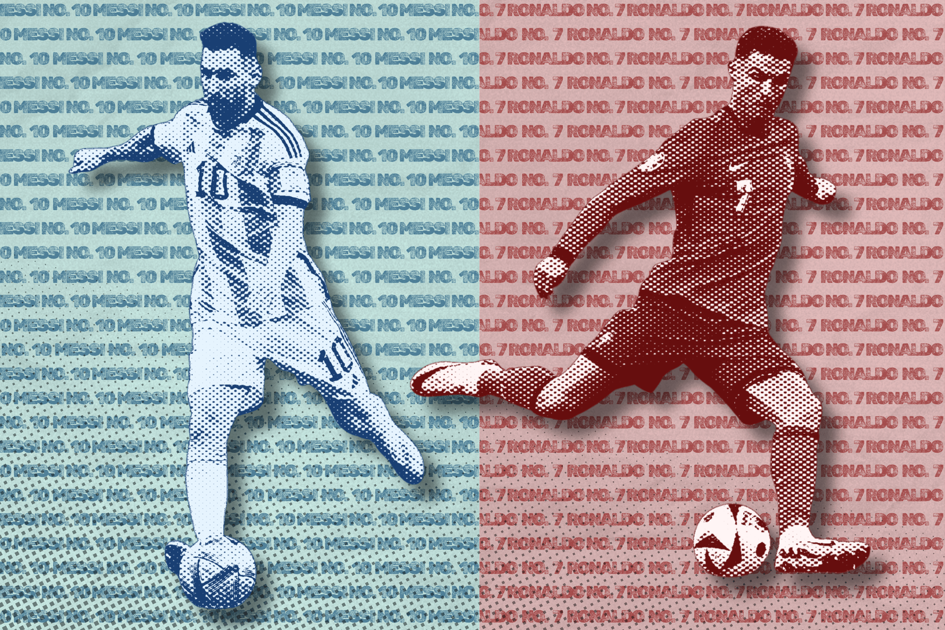 A GIF showing footballers Messi kicking a football on the left and Ronaldo kicking a football on the right, with the words Messi No. 10 and Ronaldo No. 7 animated to move from left to right in the background.