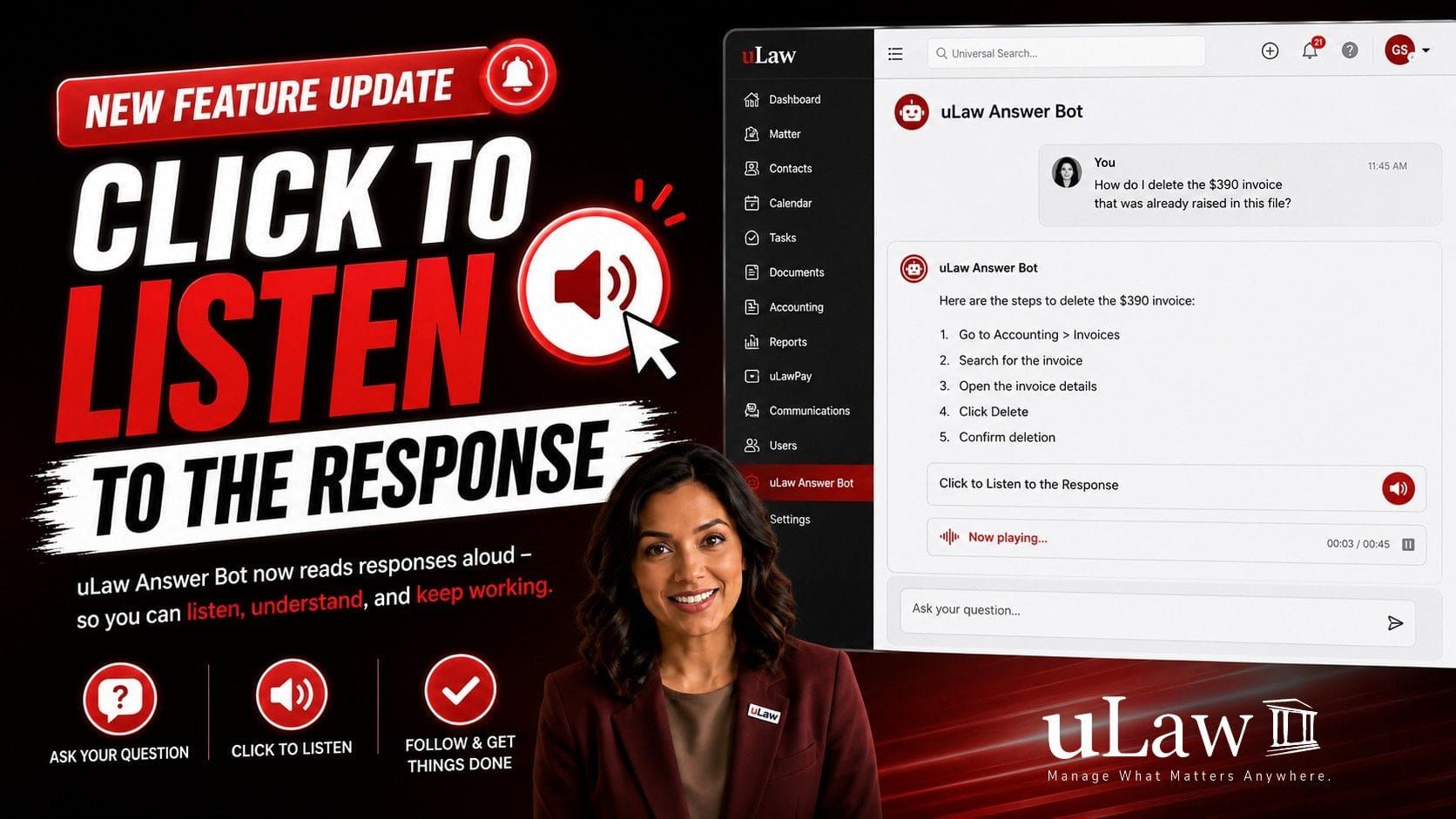 Boost Legal Practice Efficiency with Hands-Free Guidance: Meet uLaw Answer Bot’s "Click to Listen to the Response" Feature