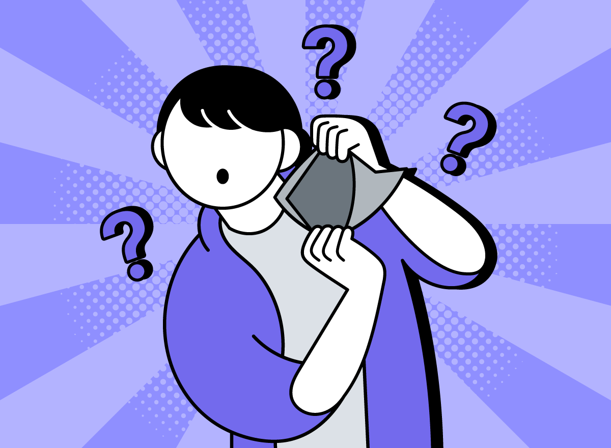 한 인물이 지갑을 벌리고 안쪽을 보여주고 있다. 지갑은 텅텅 비어 있다. 인물은 의아하다는 표정을 짓고, 주위에 물음표가 떠다닌다.