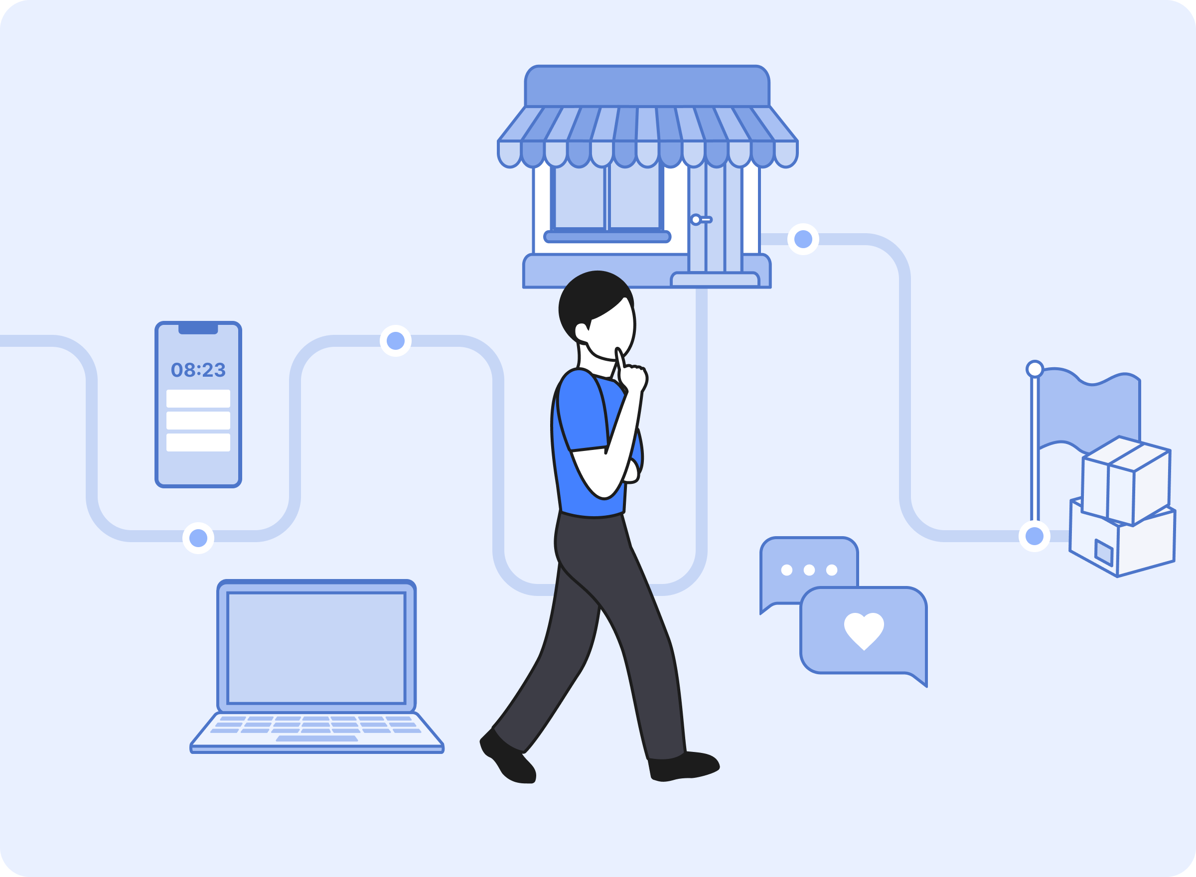 한 남성이 손가락을 얼굴에 얹고 골똘히 생각하며 걷고 있다. 남성의 뒤로는 소비자의 복잡한 구매 여정을 표현하는 일러스트가 깔려 있다.