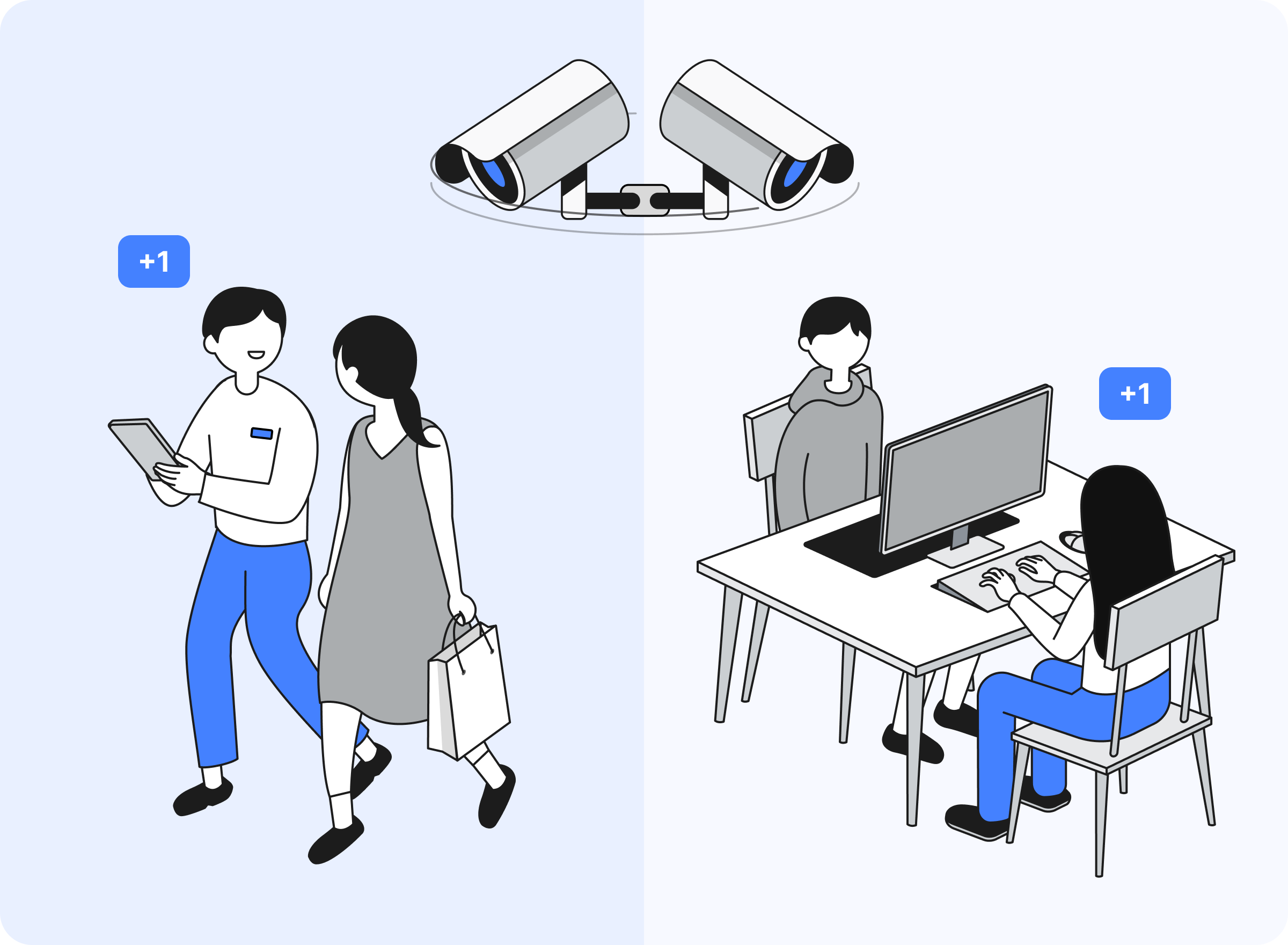 CCTV가 다양한 환경에서 상담 중인 직원과 방문객을 분석한다. 동행 상담과 상담존 상담 장면이 이미지 좌우로 놓여 있다.