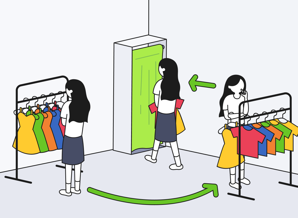 패션 매장 방문객이 2개 매대를 살펴본 뒤 옷을 들고 피팅룸으로 들어가고 있다.