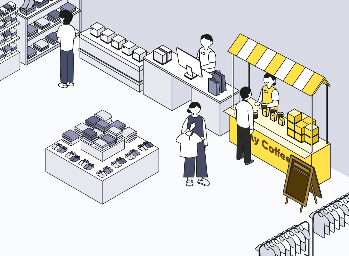 의류 팝업스토어를 매장 상부에서 내려다보는 듯한 이미지. 전반적으로 회백색으로 처리되어 있고, 숍인숍 카페 팝업 스토어만 노란색으로 처리되어 있다.
