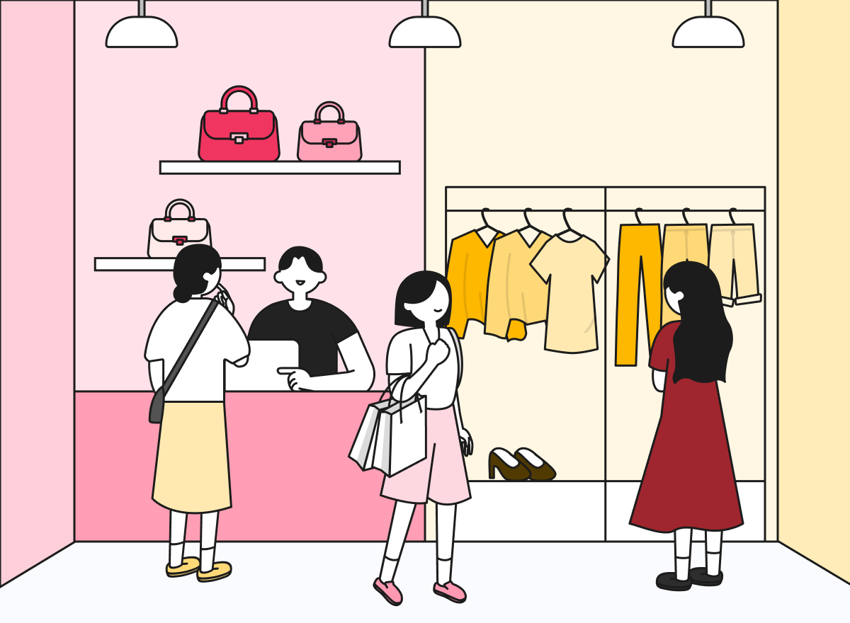 왼쪽에는 가방 팝업스토어, 오른쪽에는 패션 의류 팝업스토어를 콜라보레이션해서 운영하는 이미지.