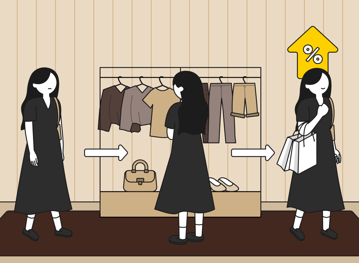 명품 매장 고객이 특정 매대를 거쳐 쇼핑백을 메고 이동 중이다.