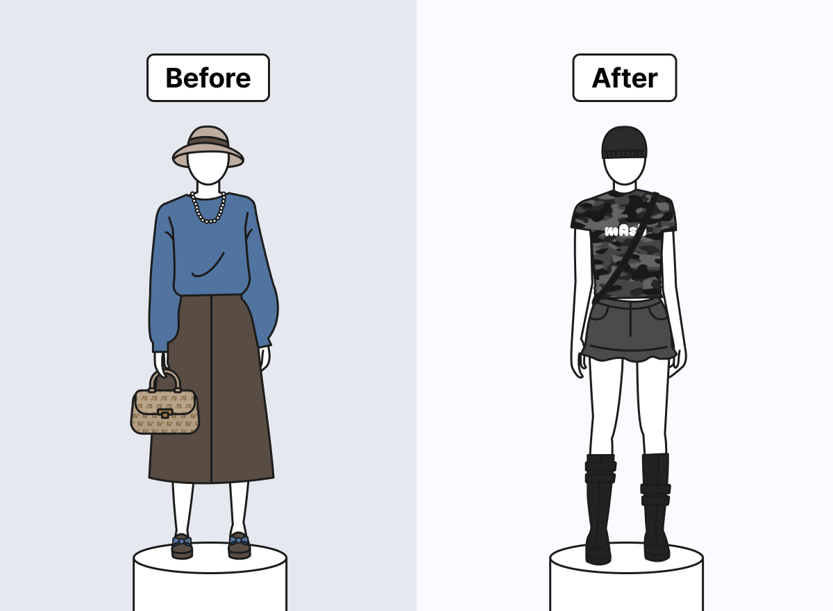 왼쪽에는 50대 여성을 타깃으로 한 의류 세트를 마네킹이 입고 있고, 오른쪽은 10~20대 여성이 입을 만한 의류 세트를 마네킹이 입고 있다.