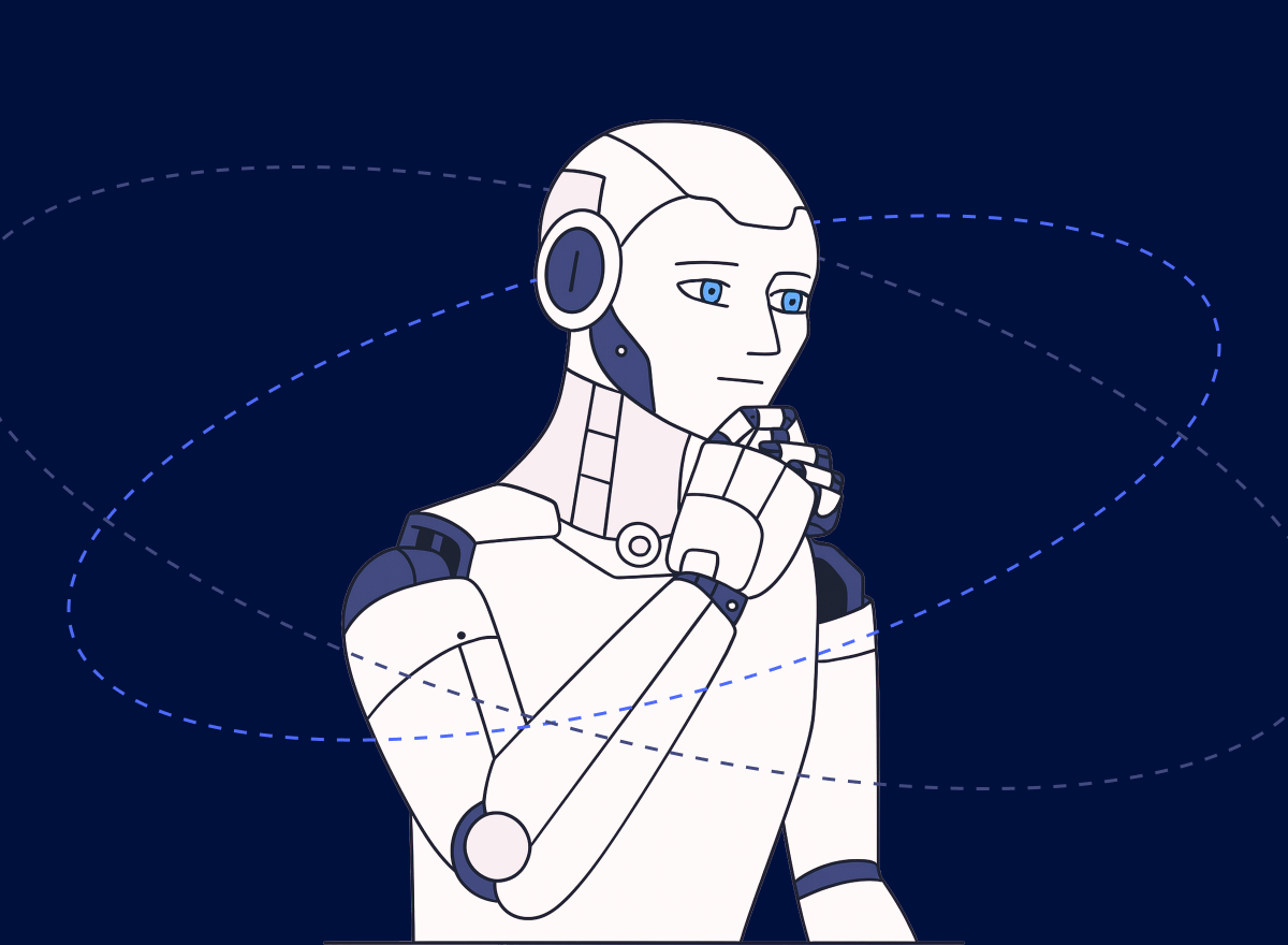 휴머노이드 모습을 한 인공지능이 손을 턱에 갖다 대고 생각에 잠긴 모습이다.