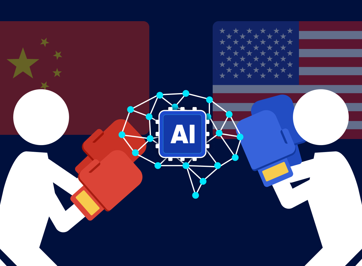 중국과 미국을 상징하는 픽토그램이 권투 글러브를 끼고 맞서고 있다. 둘의 중간에는 인공지능을 상징하는 로고가 있다.