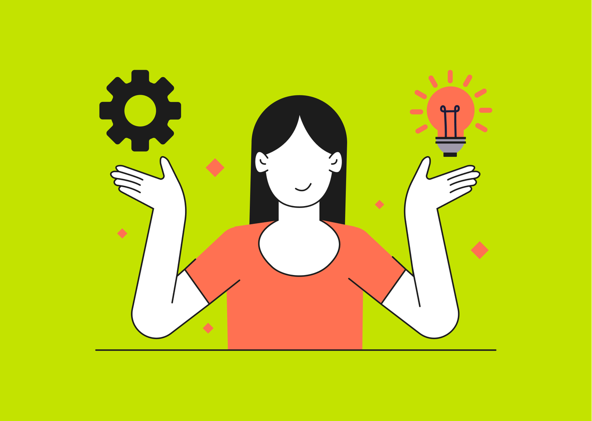 링크랭크 고객사례 콘텐츠 썸네일. 주황색 반소매 티셔츠를 입은 여성이 양손을 귀 옆까지 들어올렸다. 오른손에는 전구가 반짝이고, 왼손에는 톱니바퀴 하나가 떠 있다.