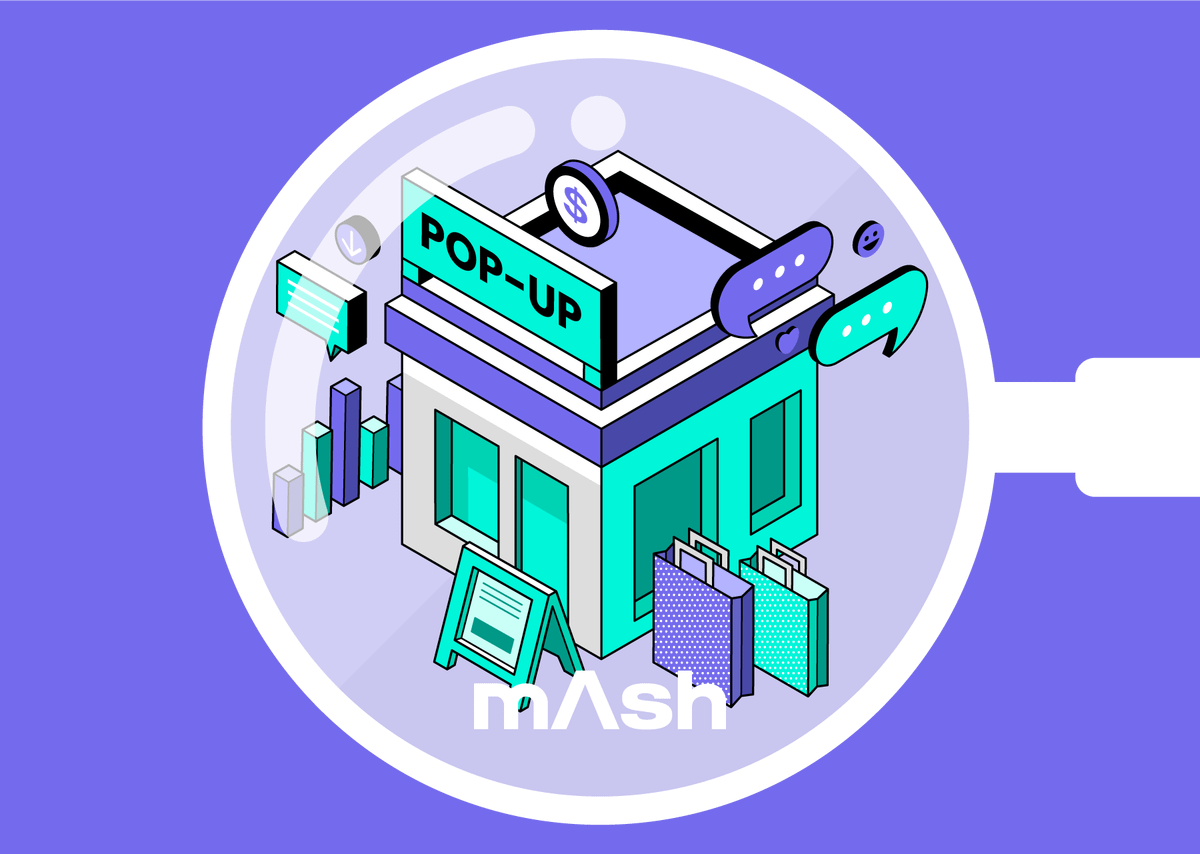 팝업스토어 일러스트에 돋보기를 가져다 댔다. 팝업스토어 주위에 각종 데이터를 상징하는 픽토그램이 놓여 있다.