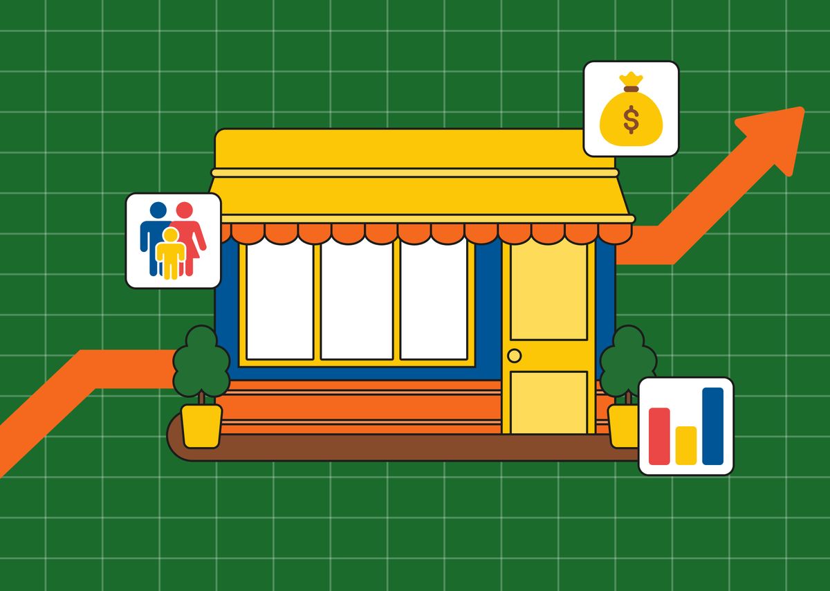 초록색 배경에 매장을 상징하는 일러스트가 놓여 있다. 매장을 둘러싸고 오프라인 마케팅에 사용되는 데이터를 상징하는 지표 이미지가 둥둥 떠 있다. 성별과 연령 픽토그램, 돈주머니, 막대그래프가 있다.