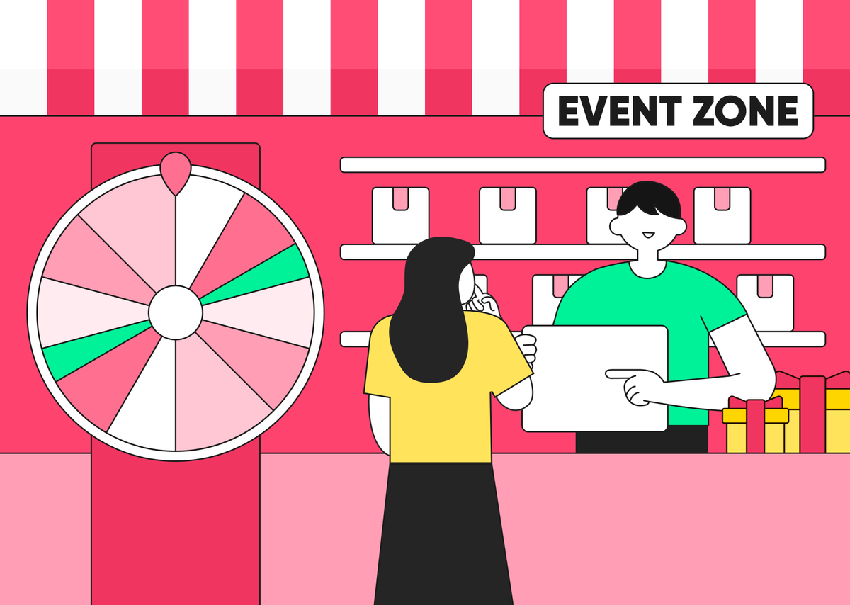 팝업스토어 이벤트 존에서 담당자가 방문객을 응대하고 있다. 이벤트존에는 돌림판과 굿즈가 마련돼 있다.