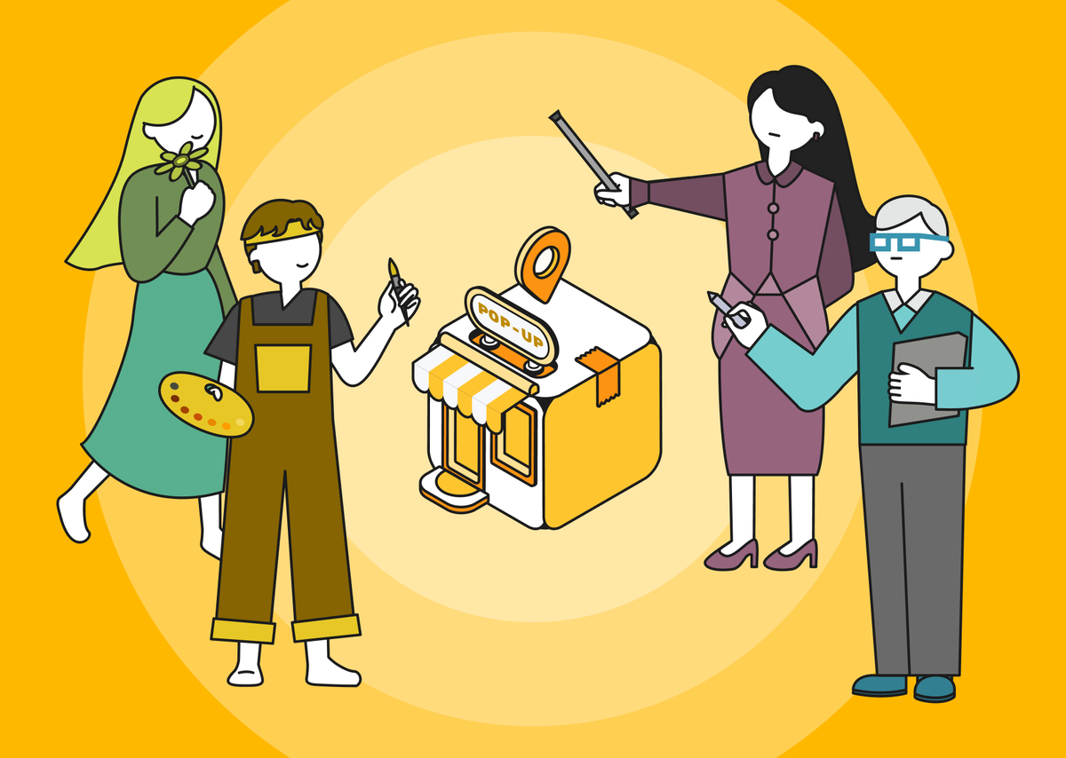 노란 배경 중앙에 팝업스토어를 상징하는 이미지가 놓여 있고, 그 주위를 MBTI 4가지 유형을 대표하는 캐릭터가 둘러싸고 있다.