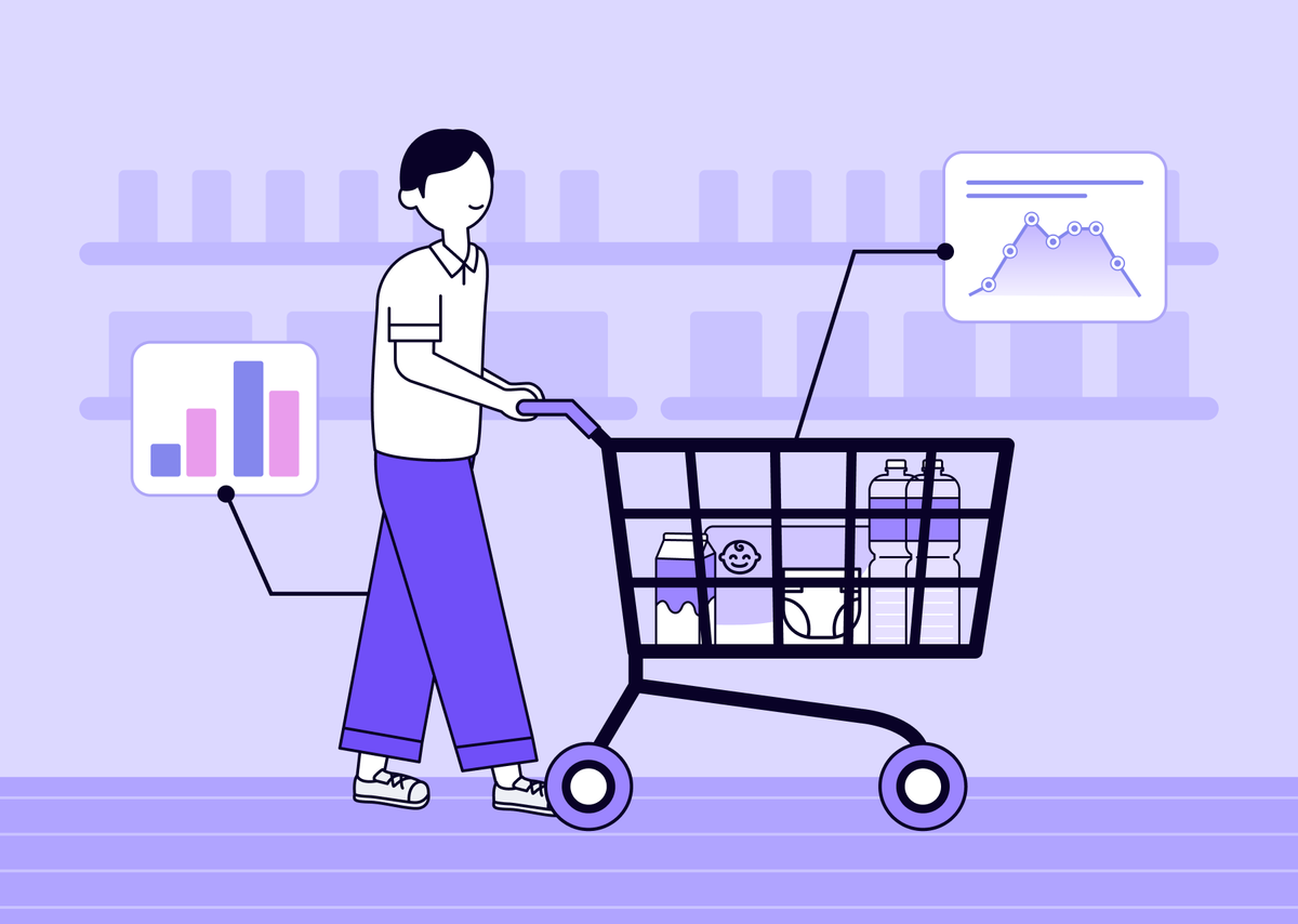 보랏빛 무드의 콘텐츠 썸네일. 한 남성이 대형마트에서 쇼핑카트를 밀고 있다. 카트에는 우유와 기저귀 생수 2병이 들어 있다. 남성과 쇼핑카트 주위에는 꺾은선 그래프와 막대 그래프 이미지가 떠 있다.