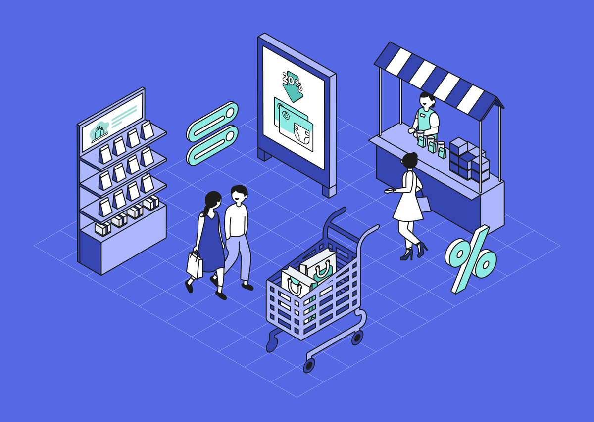 대형마트 구성 요소를 미니어처 형식으로 형상화했다. 각종 매대와 쇼핑 카트, 방문객이 있고 그 사이에 리테일 미디어 요소가 자리잡고 있다.