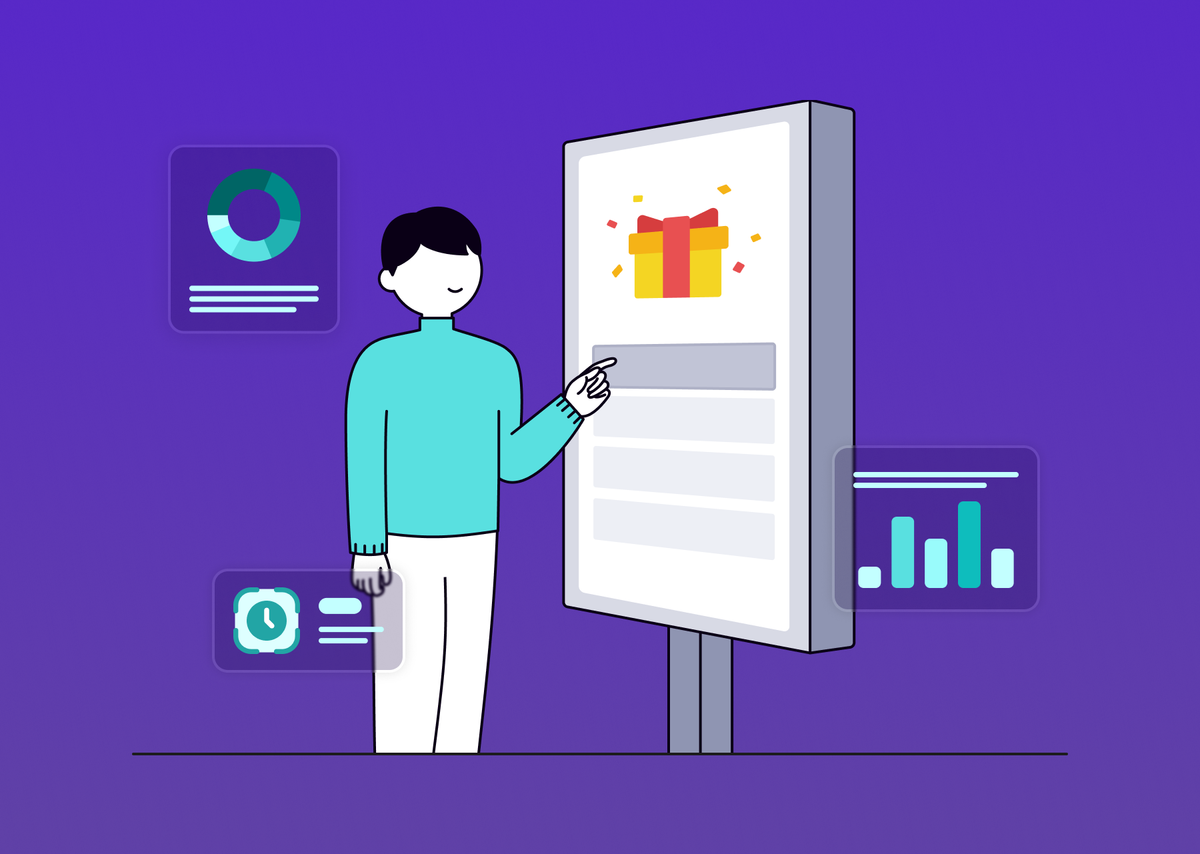 한 방문객이 키오스크 앞에서 팝업스토어 체험형 콘텐츠에 참여하고 있다. 방문객은 민트색 목폴라 티를 입었고, 키오스크 화면에는 선택지와 선물 아이콘이 표시돼 있다. 방문객과 키오스크 주변에는 그래프가 떠다니고 있다.