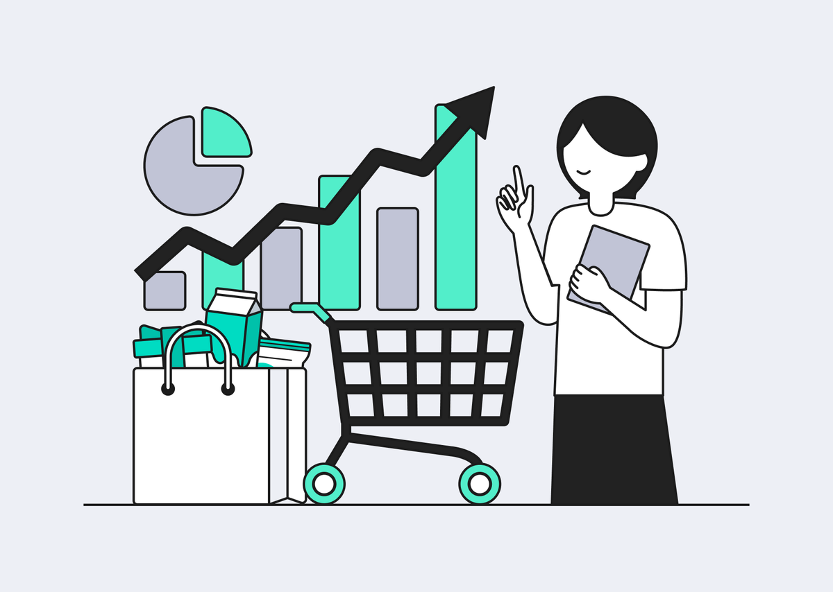 오른쪽에 한 여성이 왼팔에는 태블릿PC를 들고 한 손은 집게손가락을 펴 위를 가리키고 있다. 여성 옆에는 파이 차트와 막대그래프, 장바구니와 물건이 가득 담긴 쇼핑백이 놓여 있다.