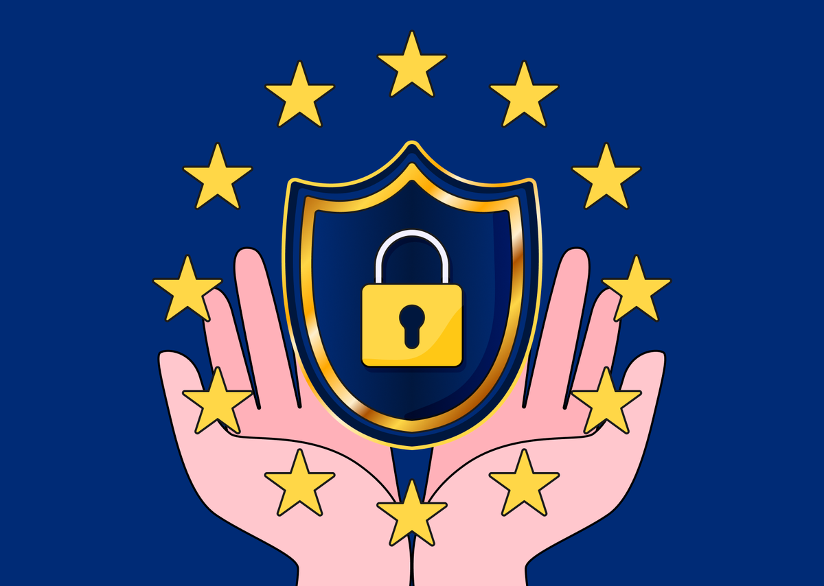 양손을 모아 방패 모양 아이콘을 받치고 있다. 방패는 남색과 금빛이 섞여 있고 중앙에 자물쇠 모양이 있다. 방패 주위로는 EU의 상징인 별이 무리를 지어 원을 그리고 감싼다.