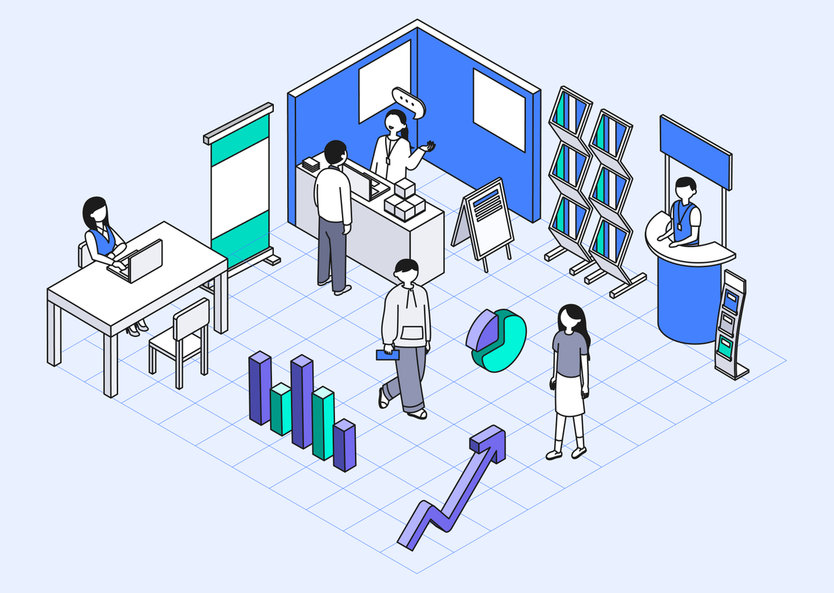 박람회 부스를 위에서 바라보는 시점. 곳곳에 스태프와 방문객이 걷거나 상담 중이다. 이미지 일부는 그래프를 상징하는 아이콘으로 채워져 있다.