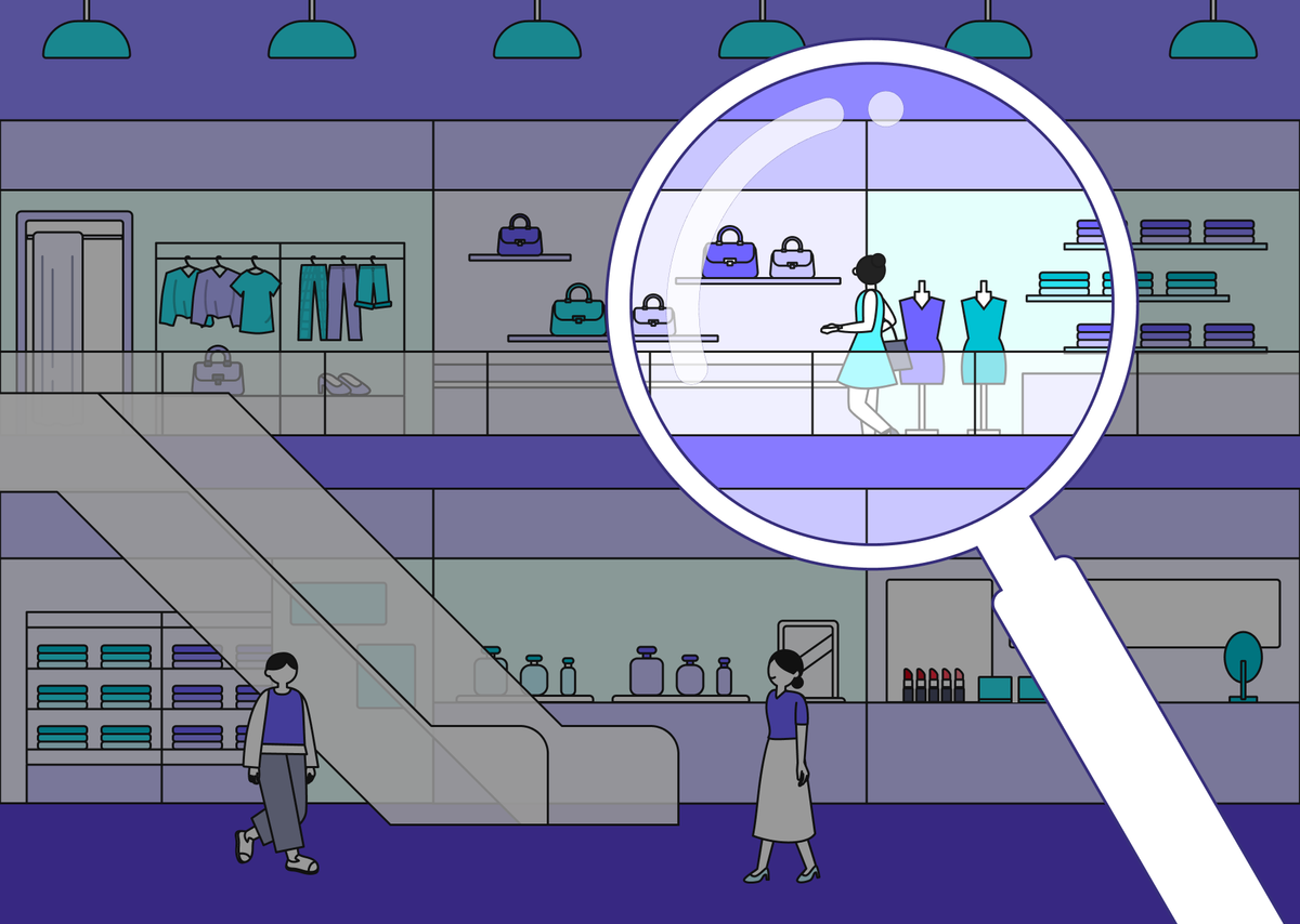 쇼핑몰 2개 층이 위아래로 놓여 있고, 각 층에는 리테일 매장이 3곳씩 놓여 있다. 층별로 사람들이 오가고 있고, 왼쪽에는 에스컬레이터가 있다. 우측 상단에 있는 방문객을 돋보기가 감싸고 있다.