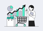 오른쪽에 한 여성이 왼팔에는 태블릿PC를 들고 한 손은 집게손가락을 펴 위를 가리키고 있다. 여성 옆에는 파이 차트와 막대그래프, 장바구니와 물건이 가득 담긴 쇼핑백이 놓여 있다.