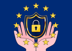 양손을 모아 방패 모양 아이콘을 받치고 있다. 방패는 남색과 금빛이 섞여 있고 중앙에 자물쇠 모양이 있다. 방패 주위로는 EU의 상징인 별이 무리를 지어 원을 그리고 감싼다.
