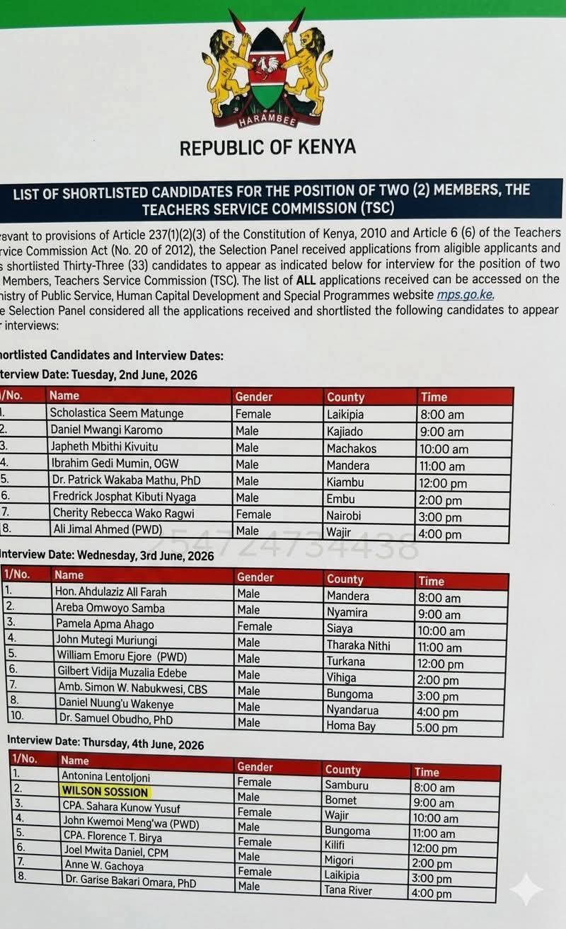 Interview dates for new TSC Commissioners.