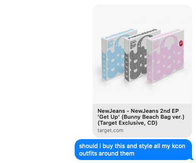 A link to the Target Exclusive Bunny Beach Bag ver, with me texting "should I buy this bag and style all my KCON outfits around them"