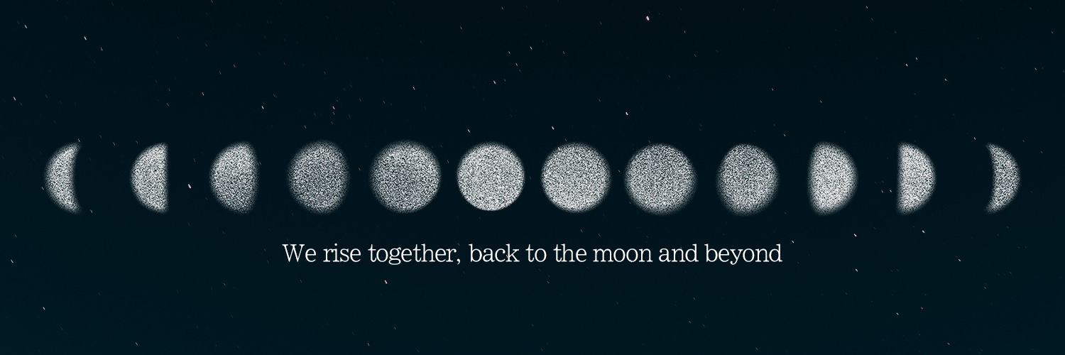ARTMS twitter header featuring a depiction of the moon's cycle, beginning with a crescent moon and ending in a crescent moon, with the full moon in the middle, respectively growing and waning. Says "We rise together, back to the moon and beyond"