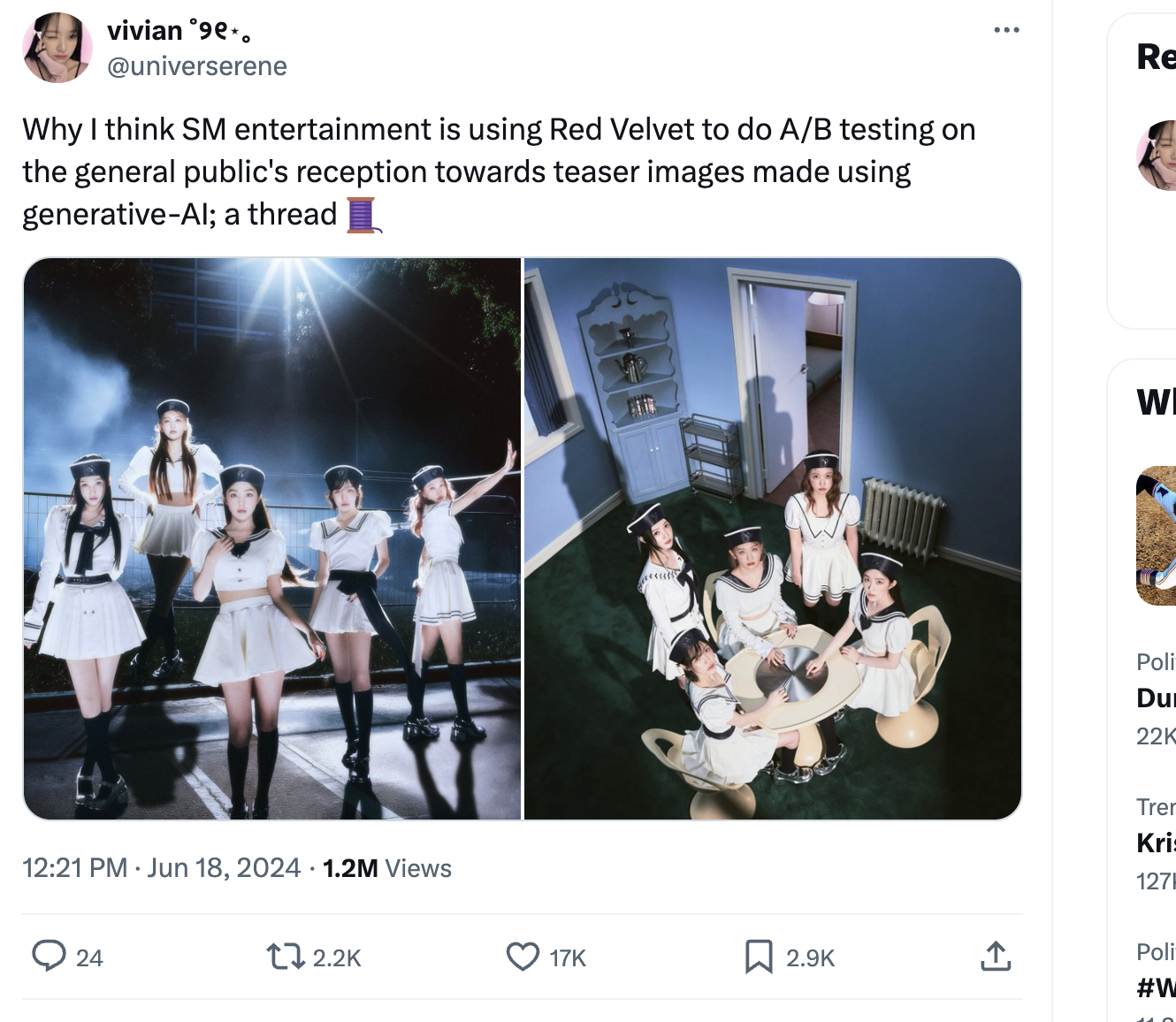 vivian ˚୨୧⋆。 @universerene Why I think SM entertainment is using Red Velvet to do A/B testing on the general public's reception towards teaser images made using generative-AI; a thread 🧵