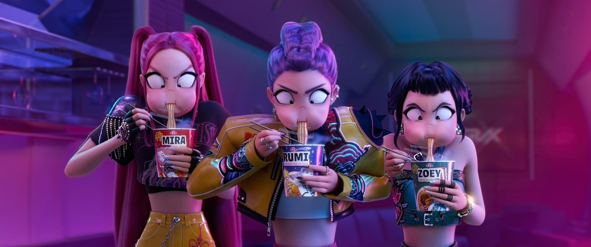 animated depiction of Mira, Rumi, and Zoey of Huntrix eating instant noodles, with each cup personalized
