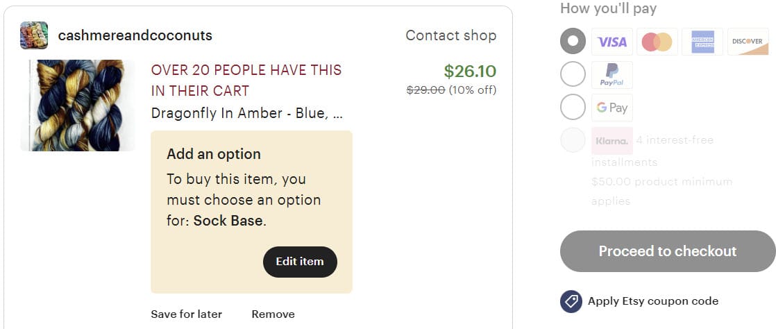 Etsy view item in cart