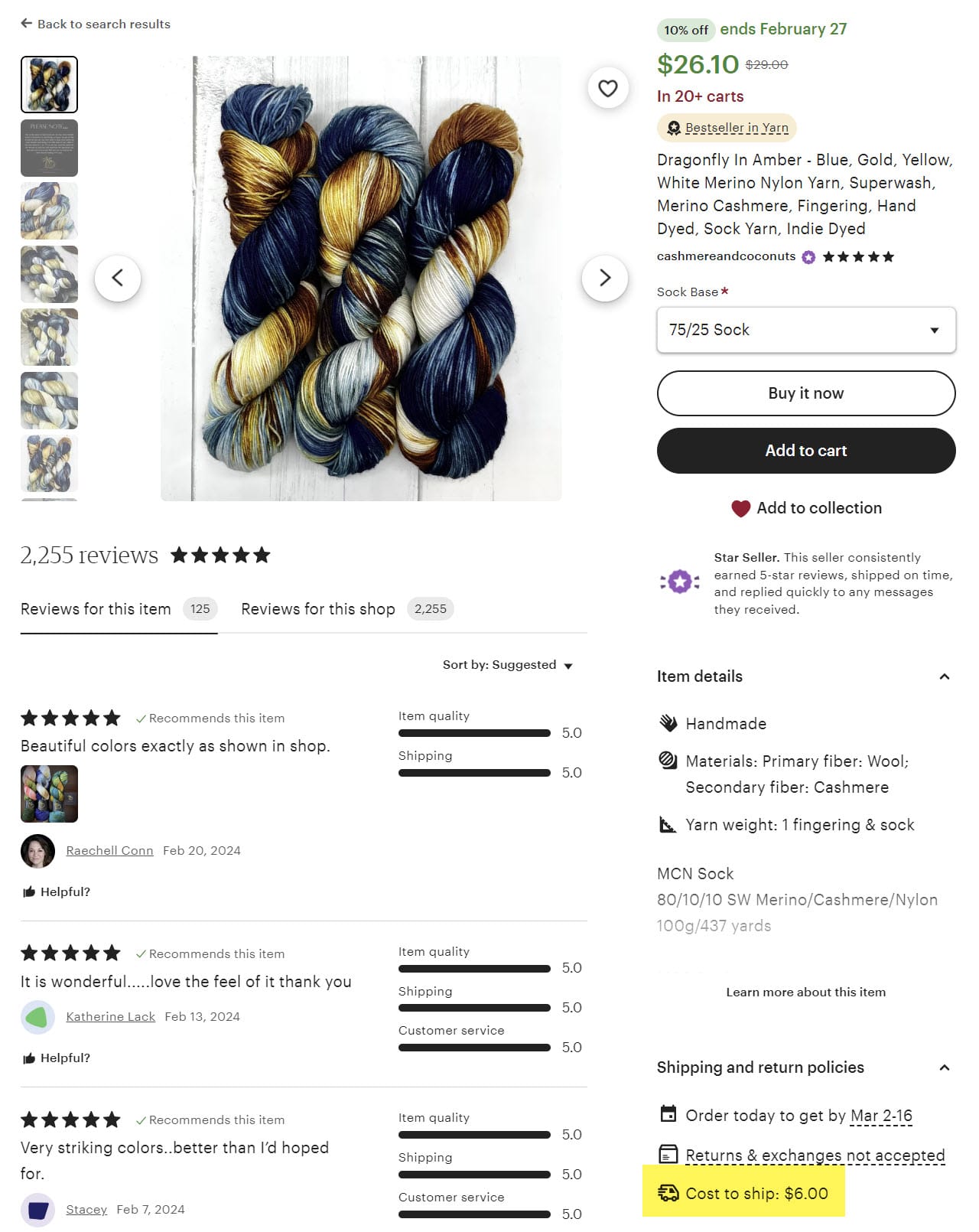 Etsy Item Page Showing Shipping Cost