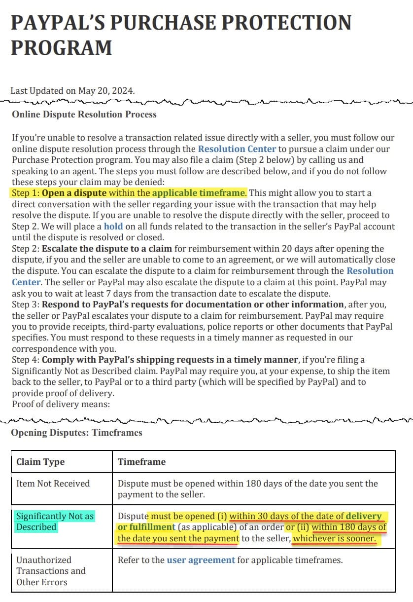 PayPal Purchase Protection Policy Not As Described Claim Update May 20, 2024