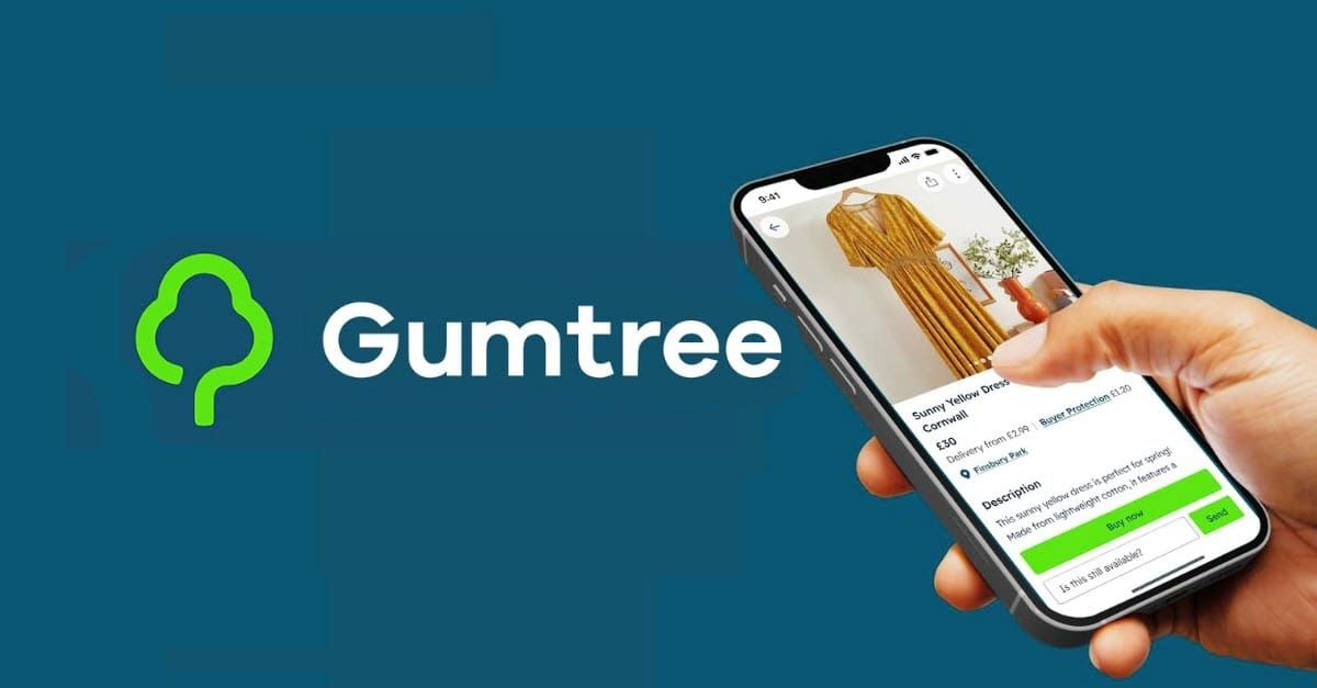 Gumtree app showing a product listing with buy now, delivery and payment options on a smartphone