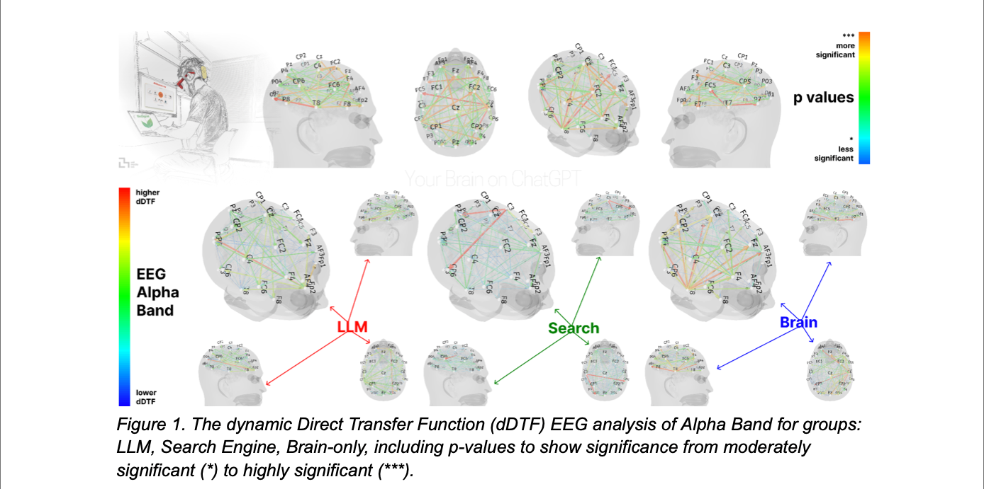 An illustrated figure showing brain connectivity, with the least amount of connectivity in the LLM-only group.