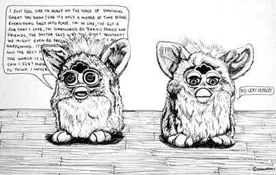 A comic panel of two furby dolls drawn by me.