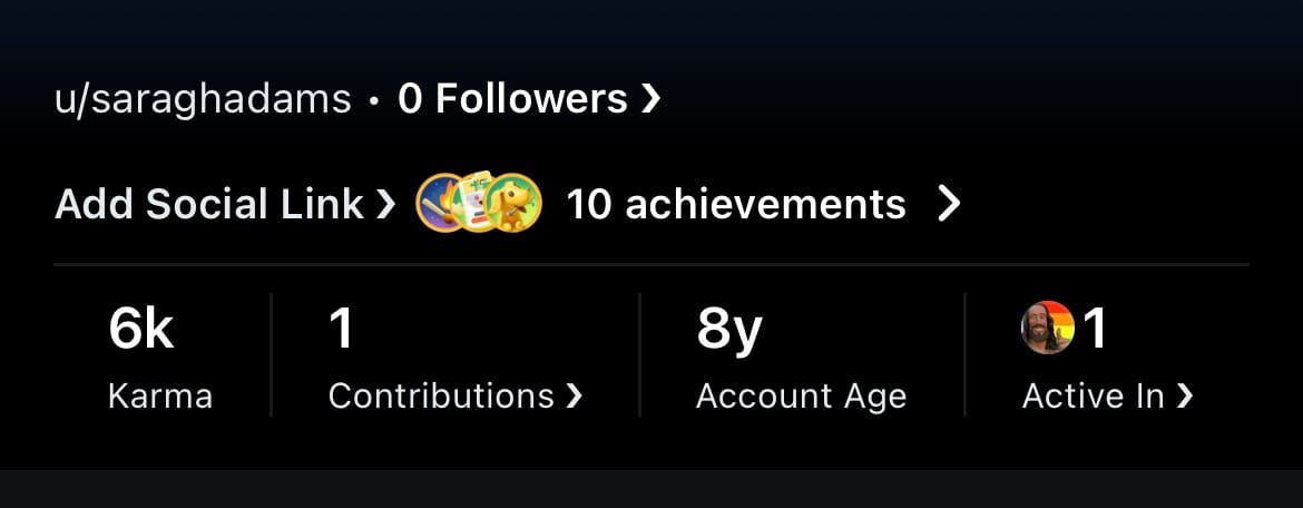 A screenshot of my reddit stats: 0 followers, 10 achievements, 6k karma, 1 contributions, 8y account age, active in 1 subreddit