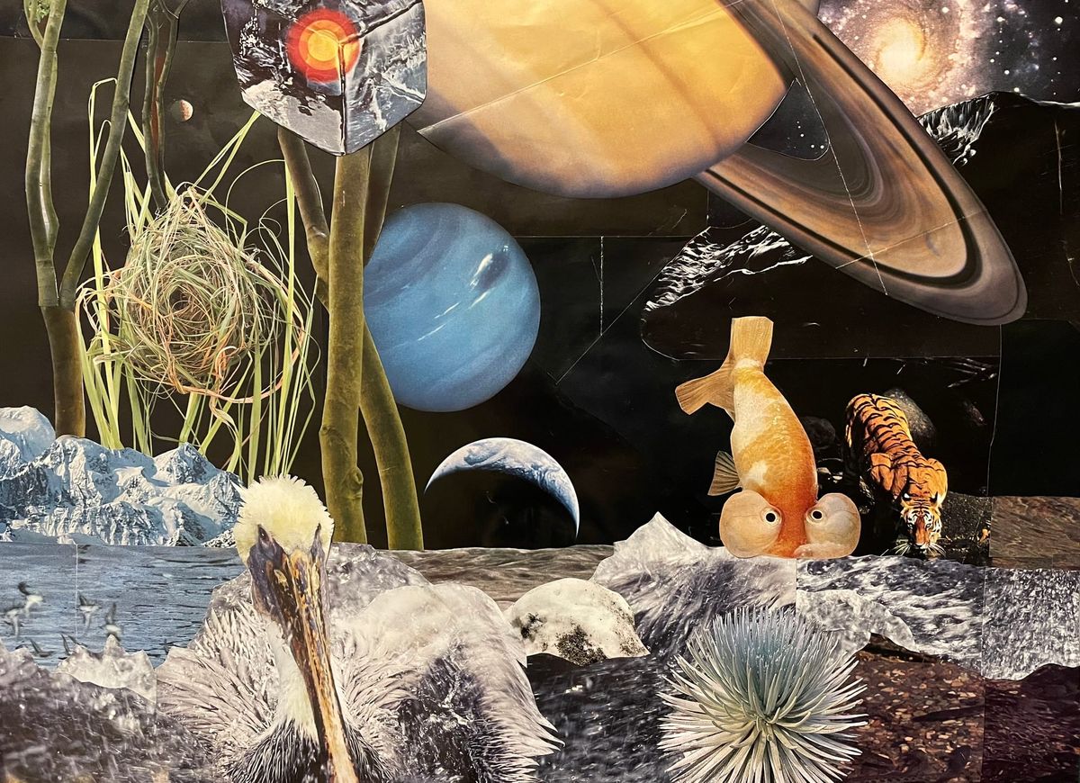 A surrealist scene from the perspective of another planet, with the earth, Venus and Saturn appearing in the night sky.