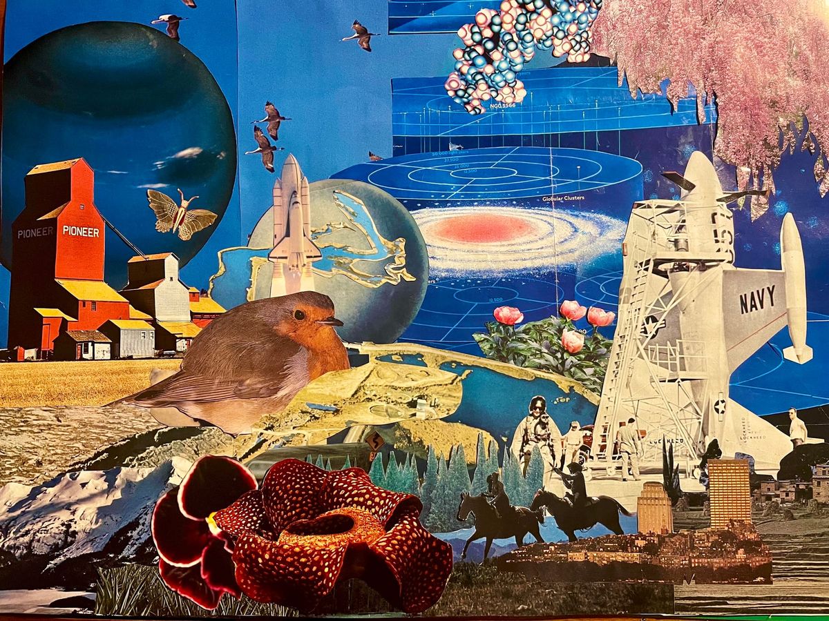 A collage including images of a grain elevator, two planets in a blue sky, a European robin, a monstera flower, and more than what alt text limits will allow here. 