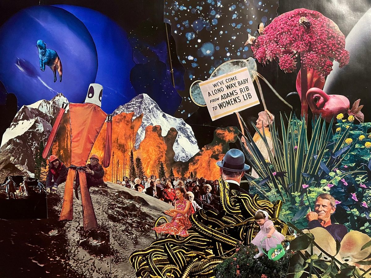 A collage of images including a weird guys made of orange kite fabric with a bucket head, an old woman holding a women's lib sign, mountains, fire, planets, snakes, plants.