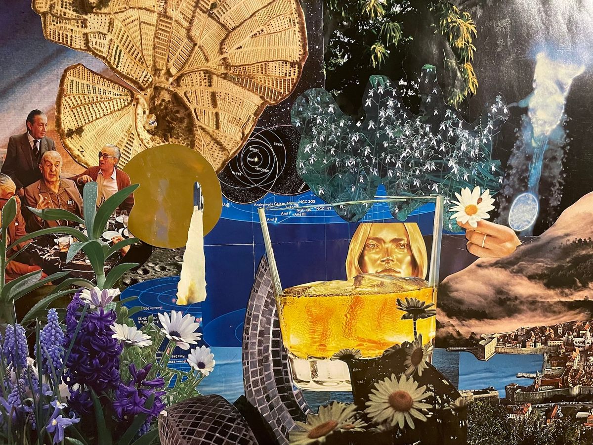A collage of images, purple hyacinthe and blue muscari, a group of four old men, aerial view of cultivated desert, a tumbler glass of yellow liquid with a woman's golden head in the liquid