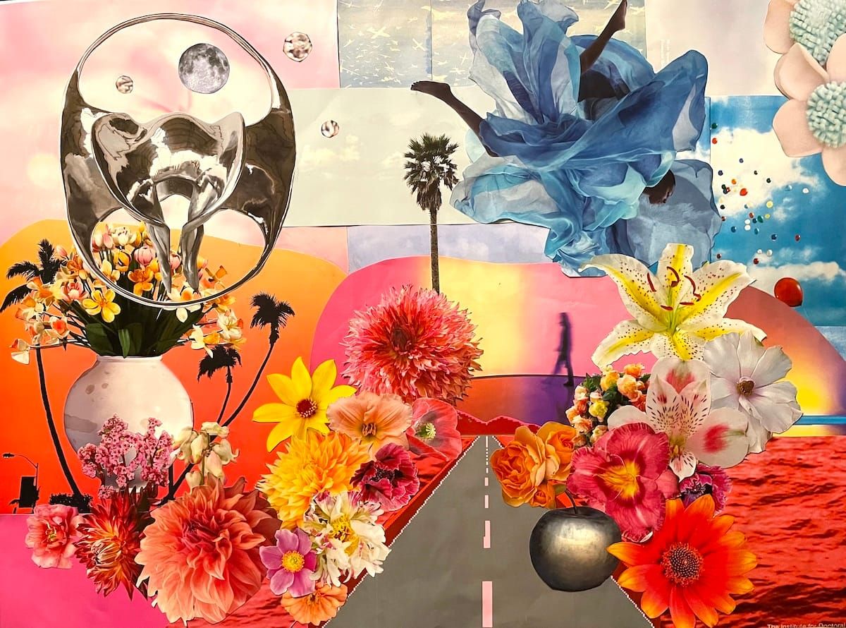 A collage of images including pink, orange, and yellow flowers and sunset horizon colours, a highway down the centre, blue tulle in the sky.