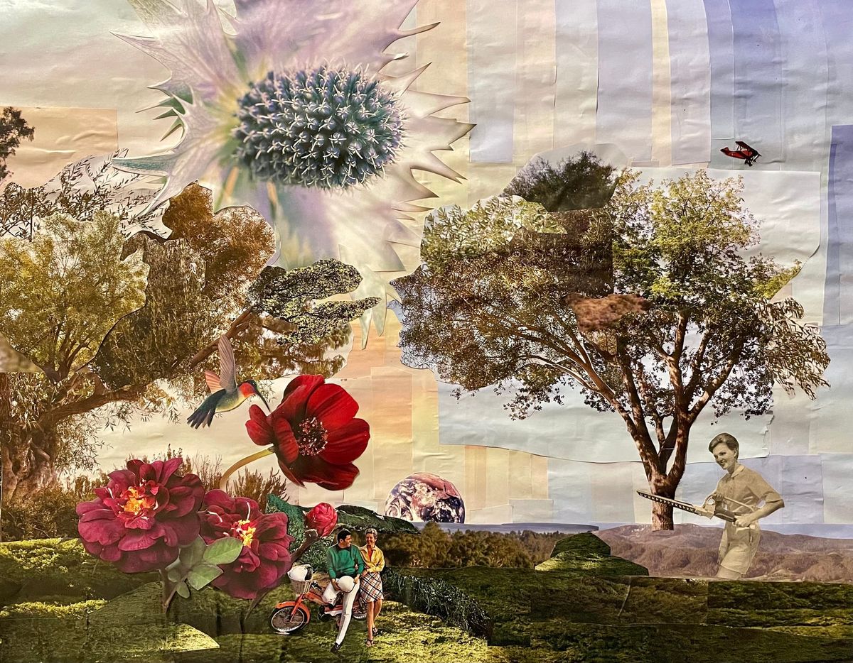A collage of images including red flowers, a hummingbird, an eryngium flower in the sky, trees, the planet earth on the horizon, and a woman holding a chainsaw.