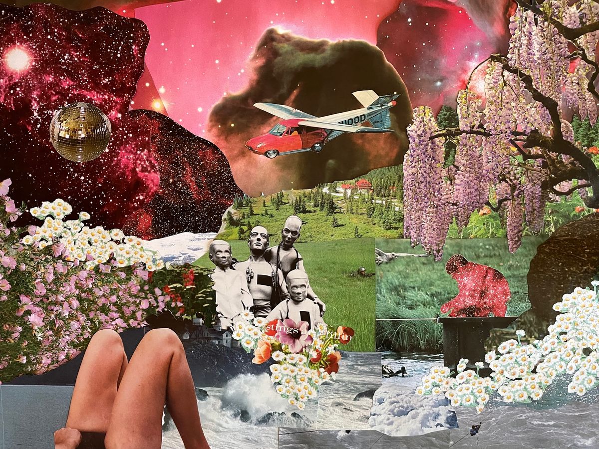 Pink starry/space skies, a disco ball in the sky, a car-plane, campanula and daisies, a family of crash-test dummies, a wisteria tree, grassy hills, water and two legs at the bottom.