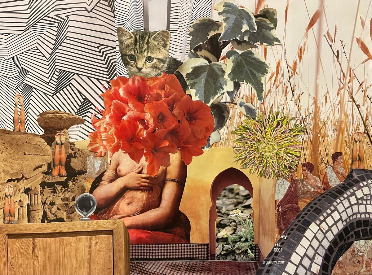 A collage of images including a kitten, orange flowers on a woman's head, an exposed boob, hoodoos, legs, and a wheat field.