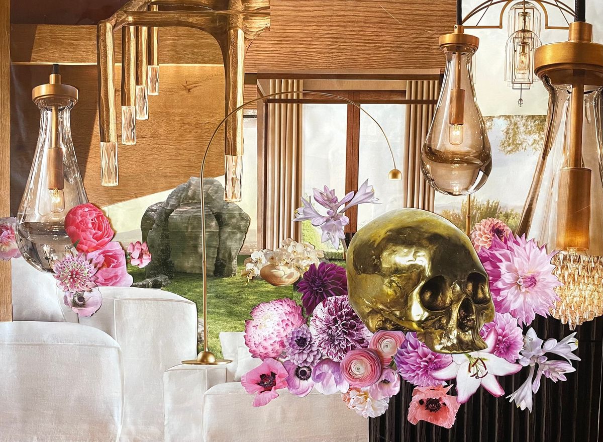 A collage of images including purple and pink flowers, white furniture, wood grain, light fixtures and a gold skull.